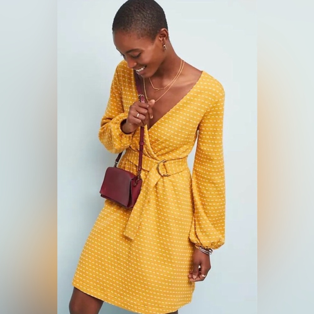 MAEVE by Anthropologie Malta Wrap Dress Mustard Yellow Dot Belted Size M - Picture 3 of 13